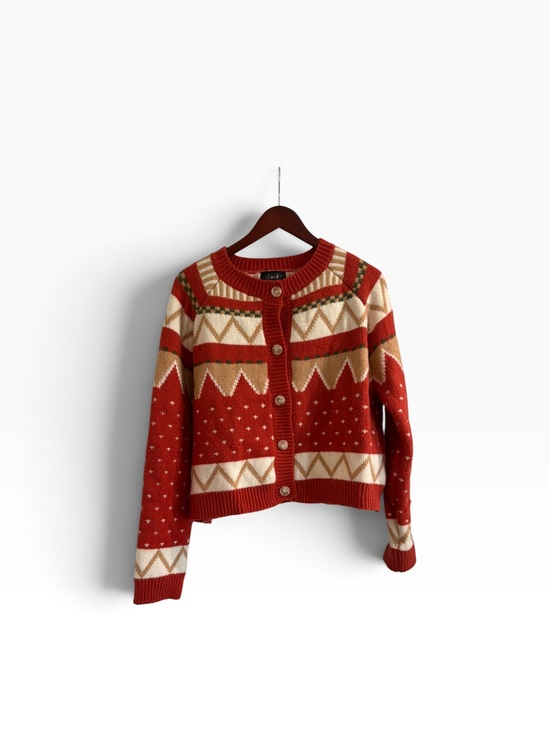 Cider Sweaters - CIDER Cardigan Sweater Red Cream Geometric Knit Size M